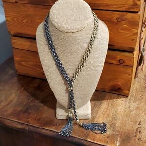 18 INCH CHUNKY NECKLACE BLACK SILVER GOLD TONE WITH 2 INCH EXTENSION W TASSELS